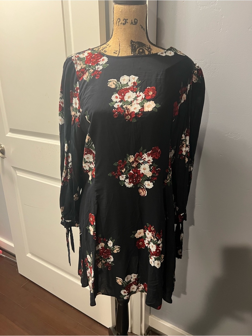 Zara Black Floral Long Sleeve Mini Dress with Red and Cream Blooms